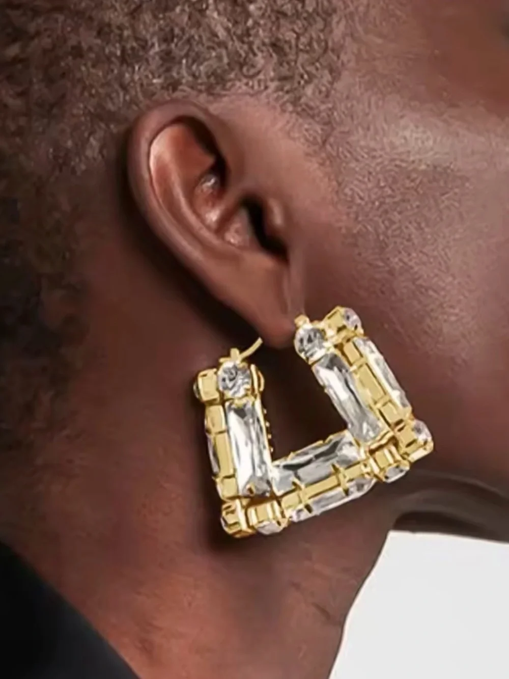 Gold Geometric Crystal Hoop Earrings | Baguette Rhinestone Statement Earrings |